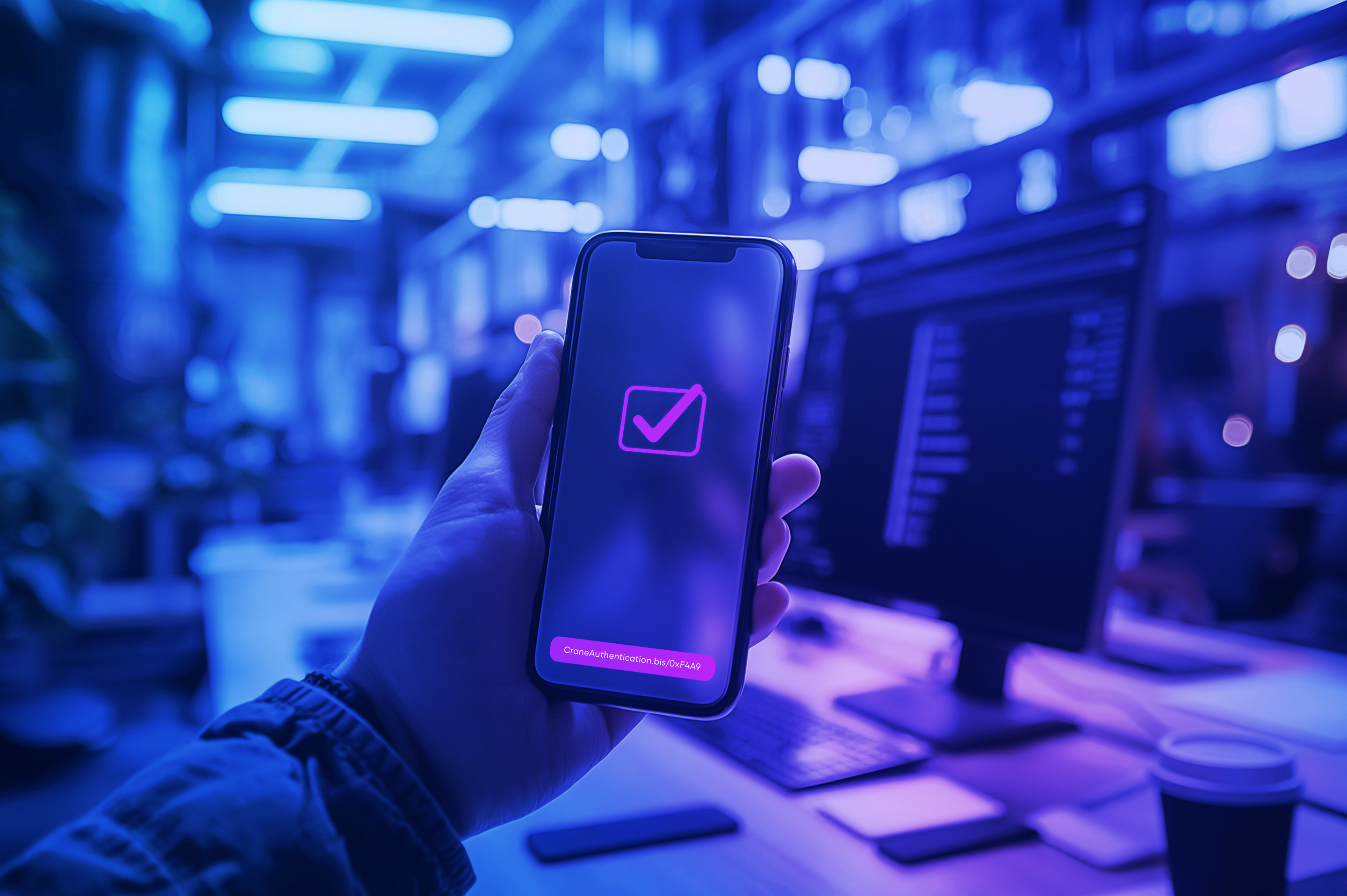 Person holding a smartphone with a verification checkmark displayed, symbolizing mobile product authentication and anti-counterfeit protection.
