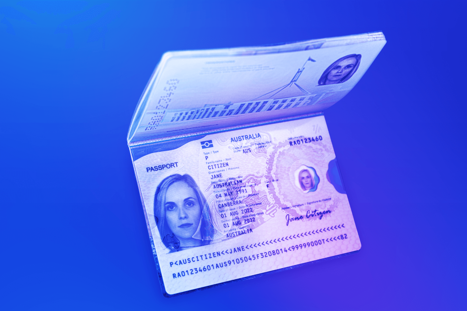 Open passport showing secure biodata page created with Crane Authentication identity solutions