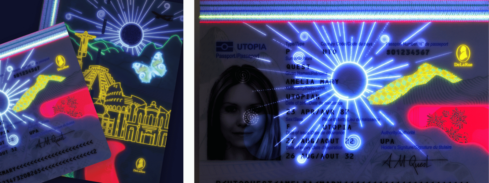 Close-up of brochure highlighting Explorer polycarbonate data page with advanced security features