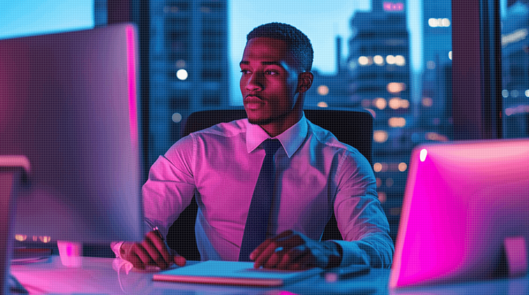 Man at desk in a high-rise office working on security solutions with Crane Authentication systems