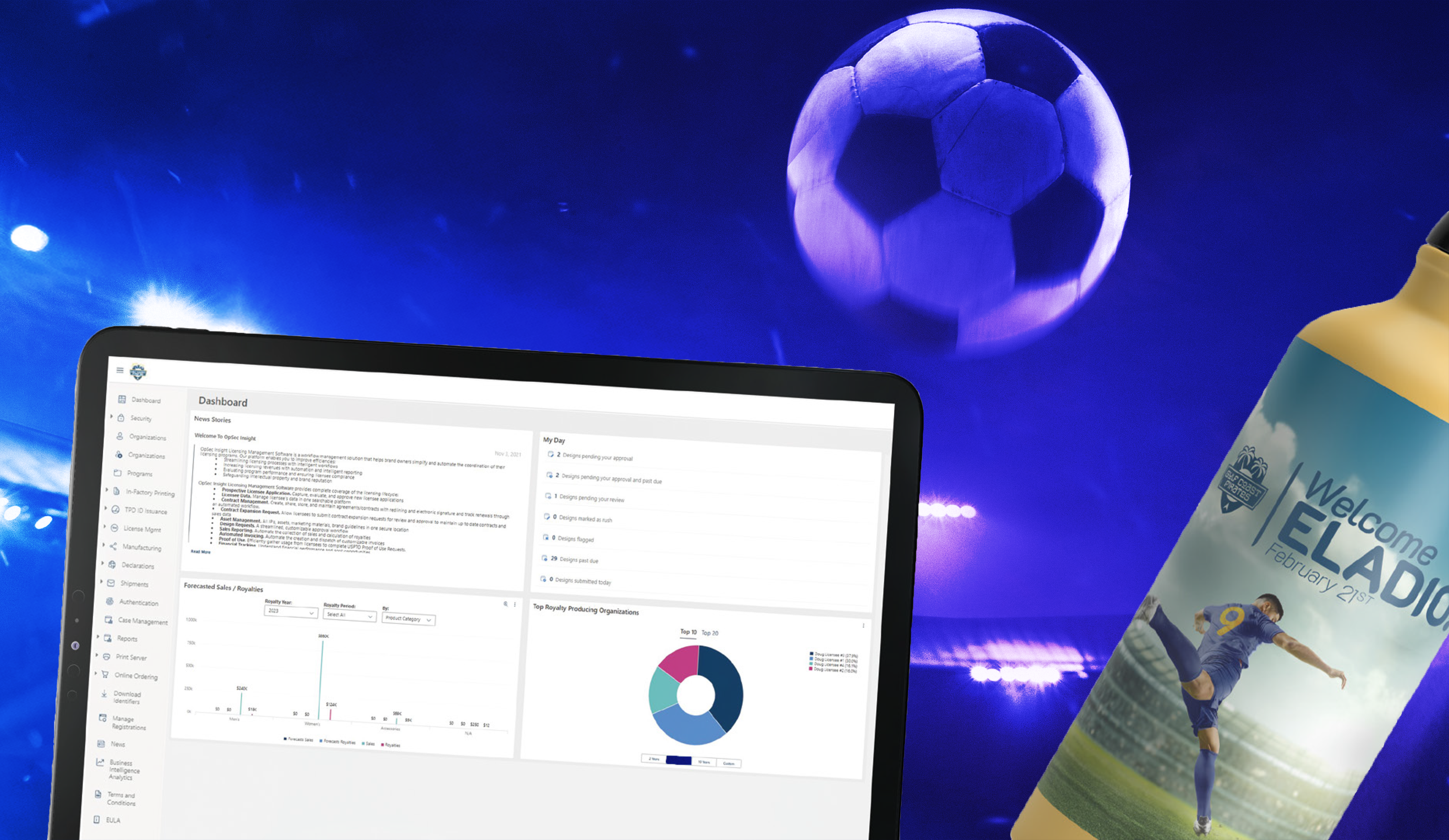 LMS Reporting Dashboard on a soccer-themed background