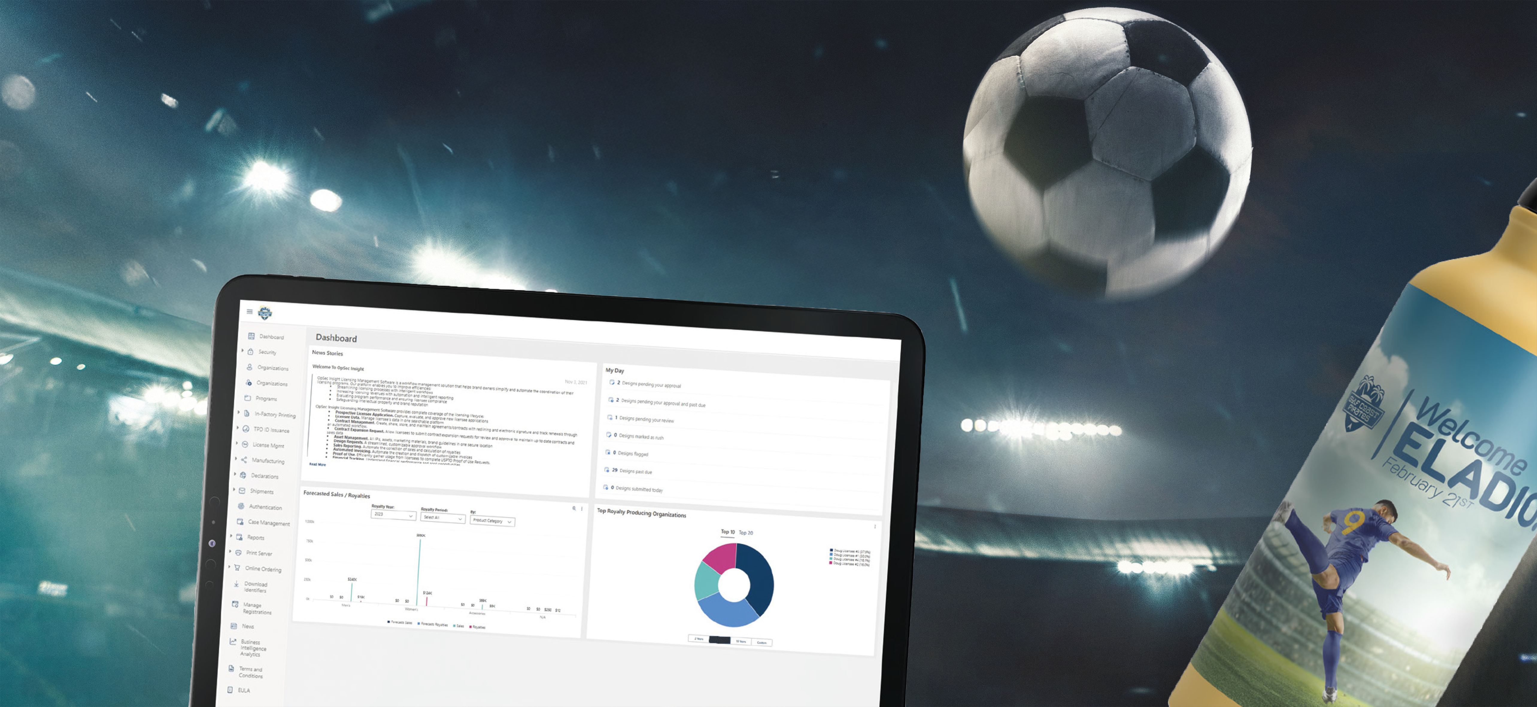 iPad and water bottle with sports background