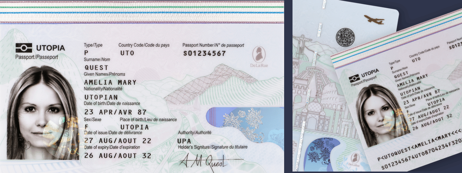 Close-up of passport with visible security features under light